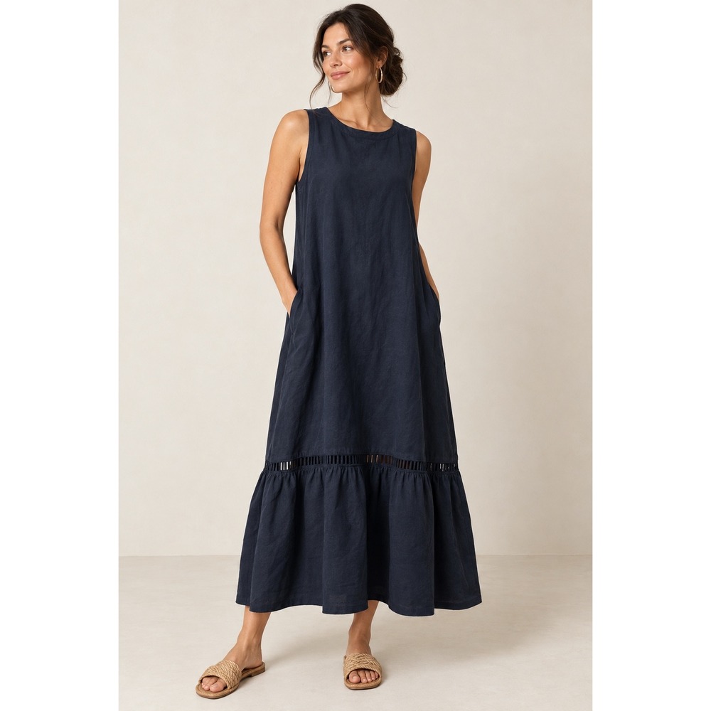 Terzo Millennio Navy Linen Cotton Tiered Maxi Dress Made in Italy Tiered Ruffle